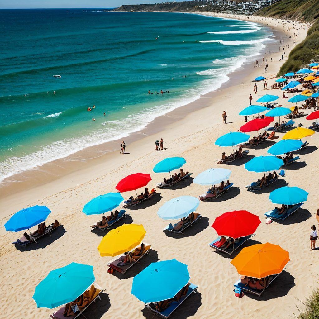 A vibrant beach scene featuring a diverse group of people wearing stylish summer swimwear, showcasing various styles from monokinis to trendy activewear. The backdrop includes a bright sun, turquoise waves, and colorful beach umbrellas to enhance the summer vibe. Incorporate elements like surfboards and beach towels to evoke a relaxed atmosphere. Capture the essence of fun and fashion in summer. super-realistic. vibrant colors. tropical setting.
